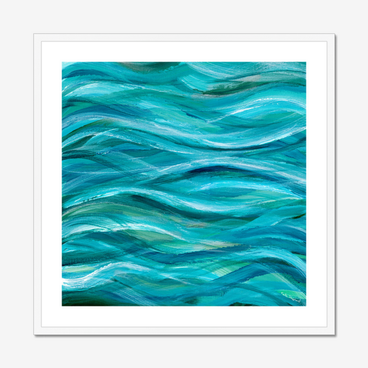  ‘The Sea Beneath Us Is Deep’ - Blue Waves Abstract Ocean Artwork Print in a white frame