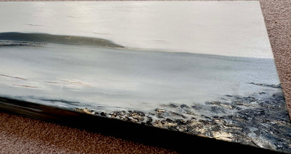 'The Shimmering Pier' - Swanage Pier original oil painting in soft greys and muted blues with gold detail, Dorset artwork on canvas.