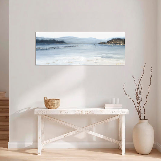 'Towards Brownsea' - Minimalist original artwork showing solitary yacht in still Poole Harbour, indigo and pale blue tones.