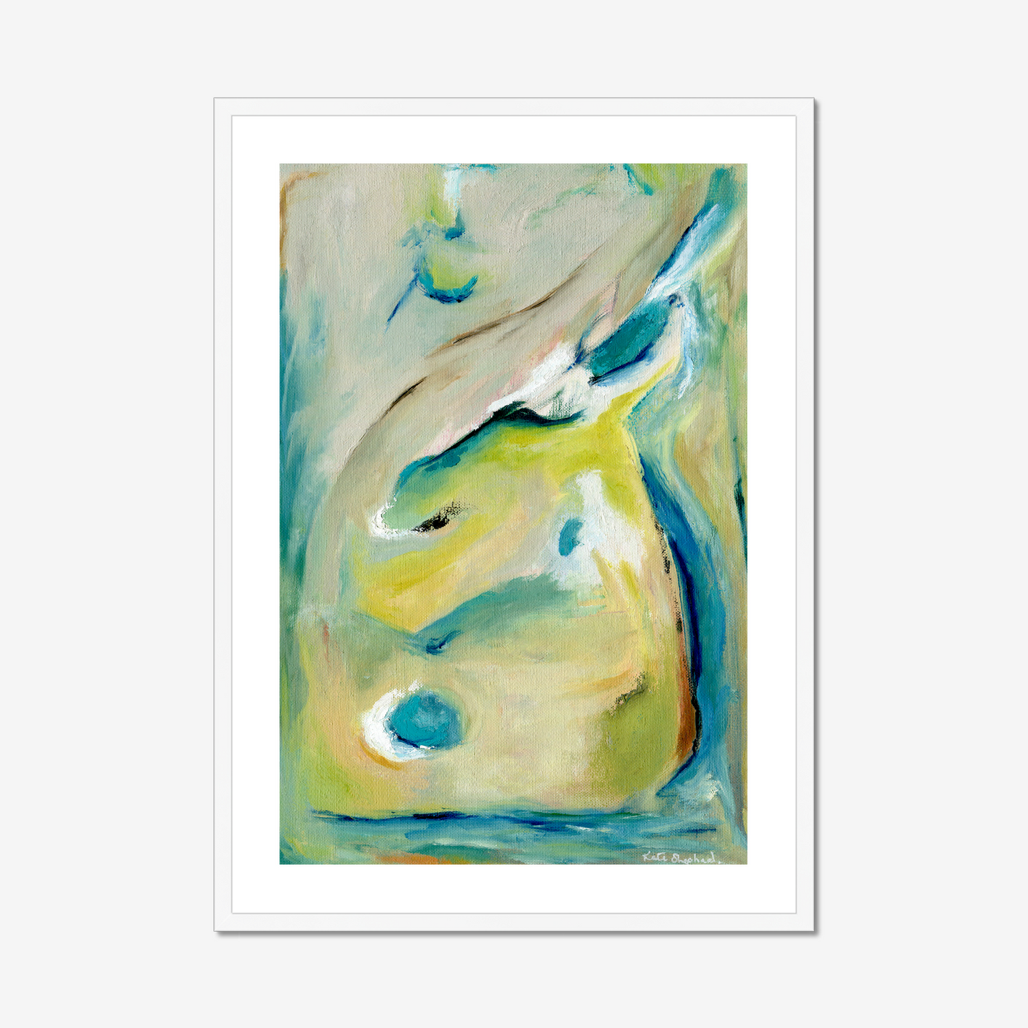 'True Colours' Expressive Artwork - Teal & Green Abstract Art Printinspired by peacocks by Kate Shephard Art in a white frame