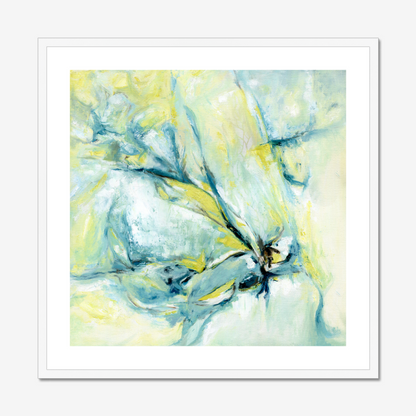 ‘Whispers of Midwinter’ Snow Artwork - Abstract Blue Art Winter Art Print – soft abstract winter scene with cool hues and warm glowing accents.
