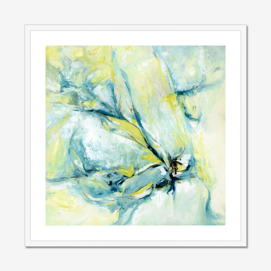 ‘Whispers of Midwinter’ Snow Artwork - Abstract Blue Art Winter Art Print – soft abstract winter scene with cool hues and warm glowing accents.